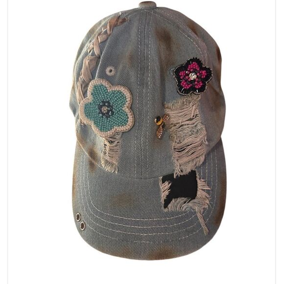 "Fancy" Distressed Baseball Cap, Handmade by A Rare Bird - Picture 1 of 3